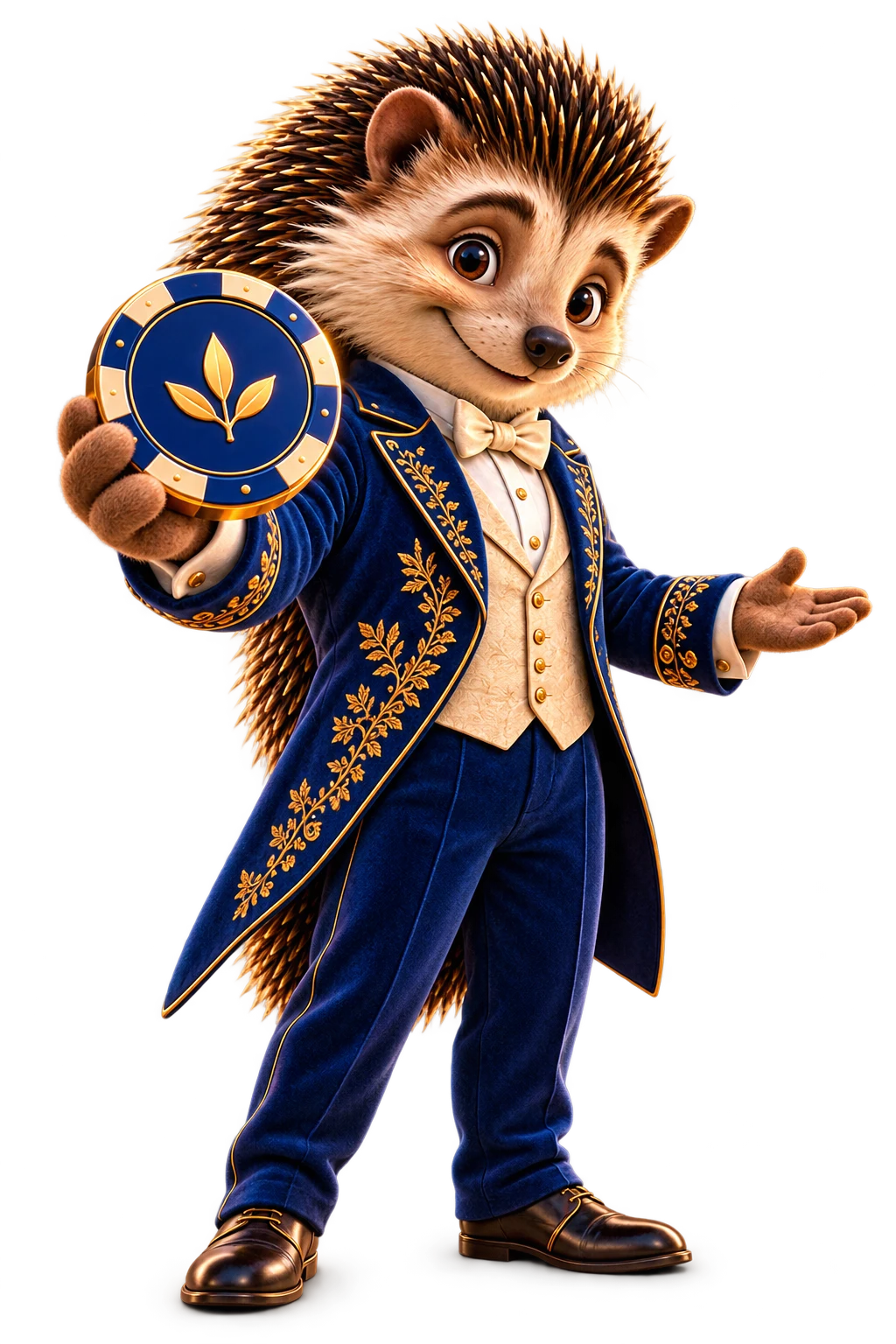 The Hedgehog Gold host welcomes the player with a cobalt gaming chip.