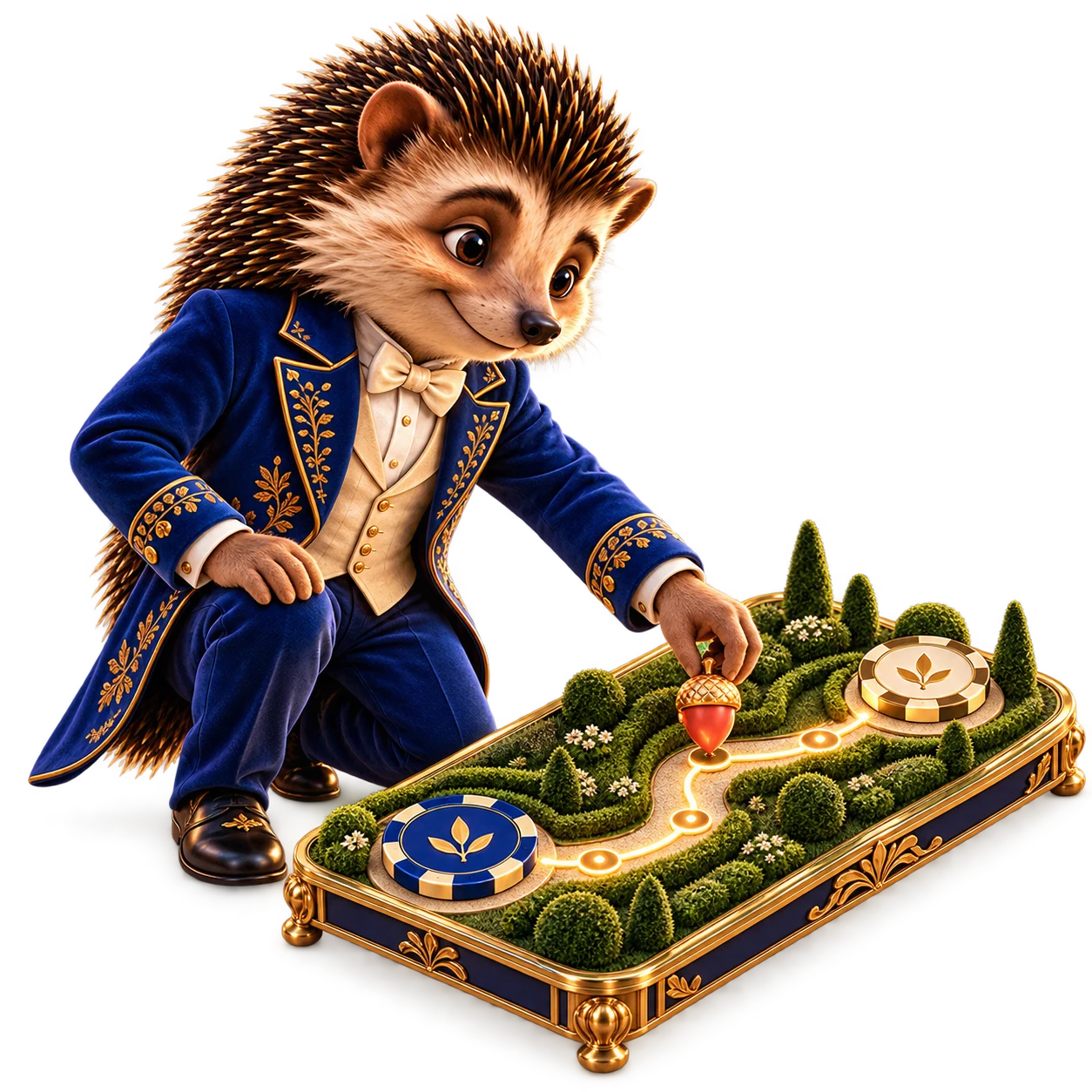 The Hedgehog Gold host places an acorn marker on a miniature garden route between two gaming chips.